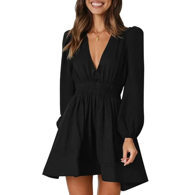 ZAXARRA Women Solid Color Deep V Neck A-Line Party Mini Dress for Beach Cocktail Club Streetwear