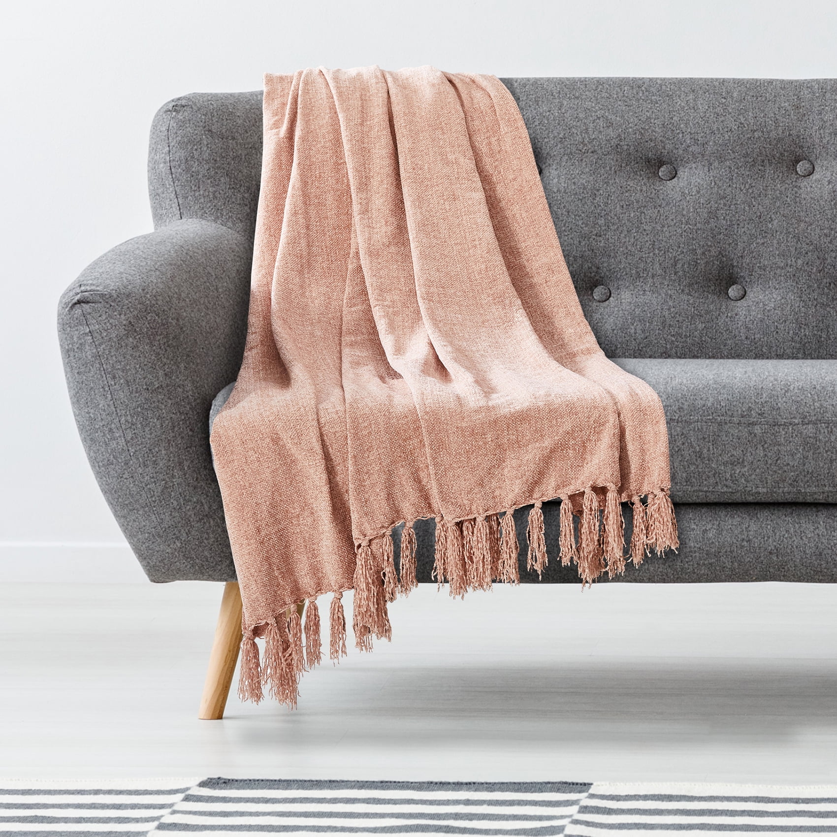 Americanflat Chenille Throw Blanket in Blush Pink - Breathable Polyester with Decorative Fringe - Wrinkle and Fade Resistant - 50" x 60"