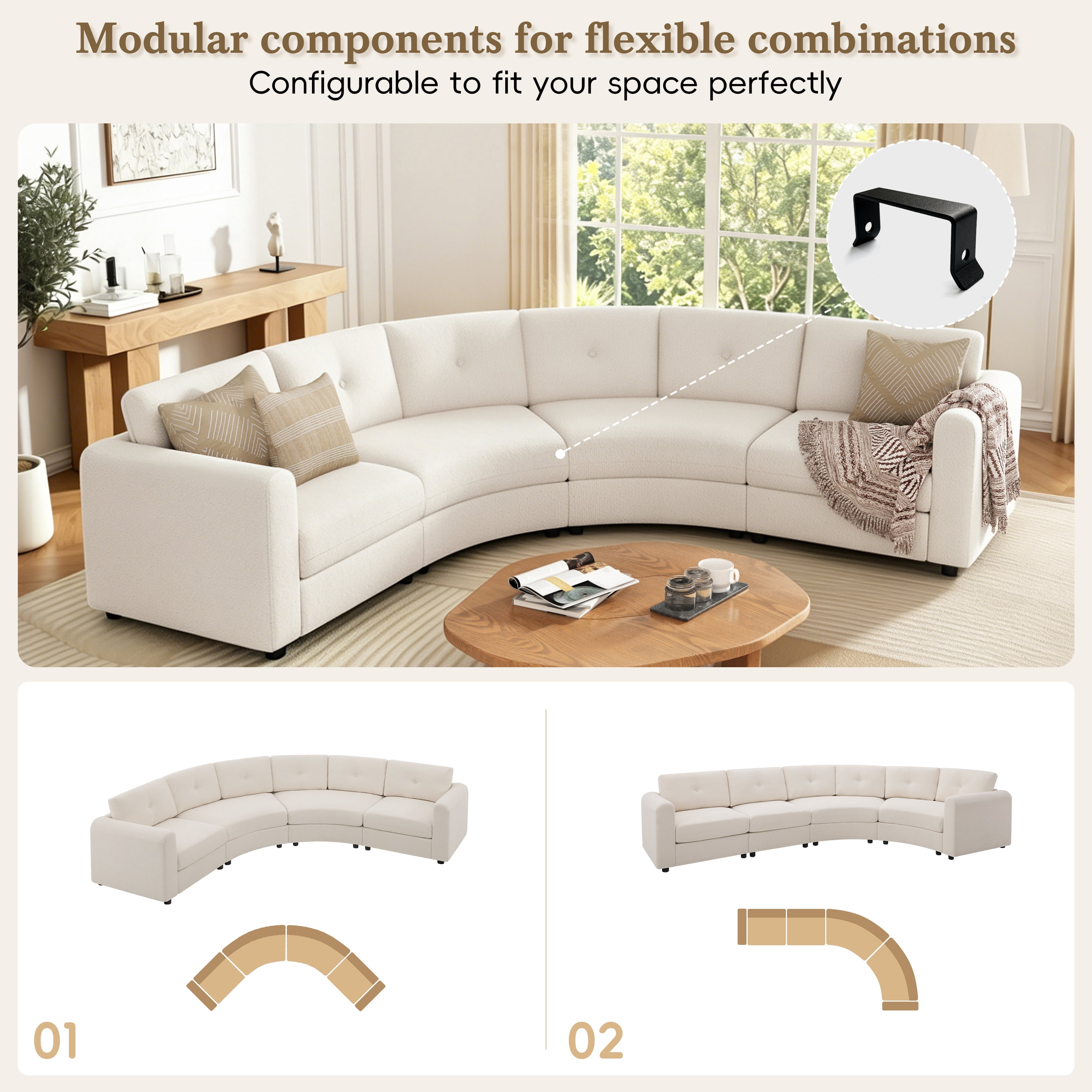 GARITIN 4 Piece Modular Curved Sectional Sofa 107 Inch, Upholstered Boucle Couch with Button Tufted Back for Living Room, Beige