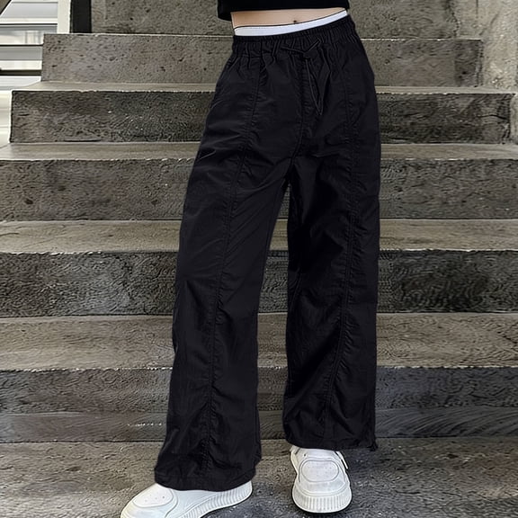 ATOGUTA Cargo Pants Girls Wide Leg School Uniform Pants Kids Elastic Waist Flowy Summer Beach Lounge Trousers with Pockets Size 5T-15, Black