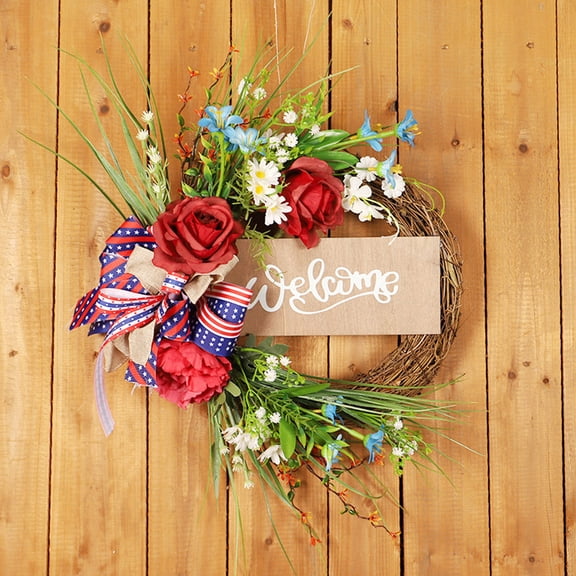 4th of July PALIFEUR Wreath, 15.7 Inch Patriotic Wreaths for Front Door, Artificial Floral Spring Wreaths Decorations for Memorial Day Independence Day Veterans Day, Red Blue White