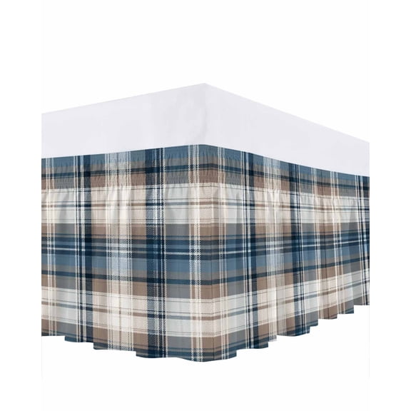 Blue Brown Plaid Bed Skirt King Size, Vintage Abstract Stripes Lattice Wrap Around Bed Skirting with Adjustable Elastic Strap, Dust Ruffle Pleated Bedskirts 16 Inch Drop for Bedroom King Beds