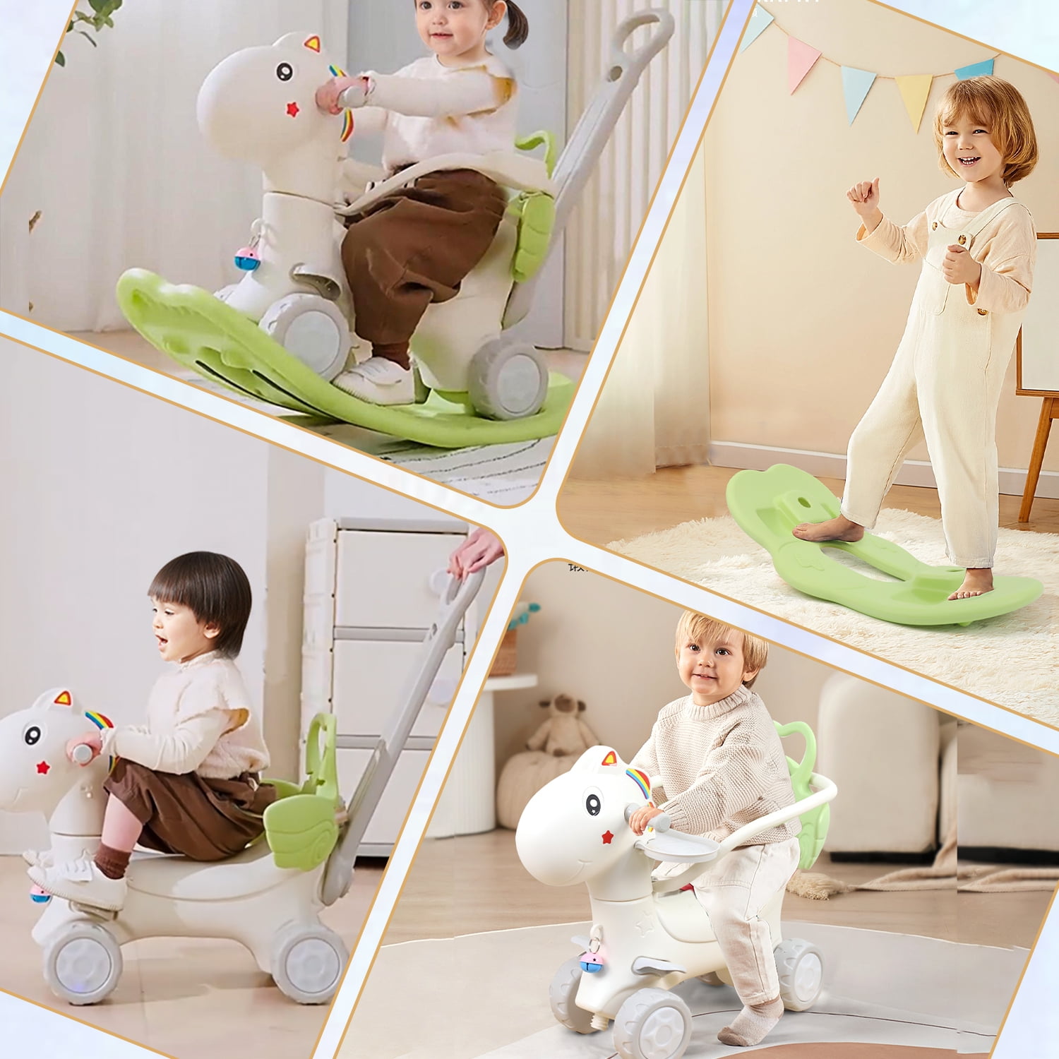 Wdmiya 4 in 1 Rocking Horse Ages 1-3, Baby Rocking Toy Birthday Gift for Toddlers 1-3 Years Old, Balance Bike Ride On Toys with Push Handle, Backrest and Balance Board for Baby Girl and Boy, Green