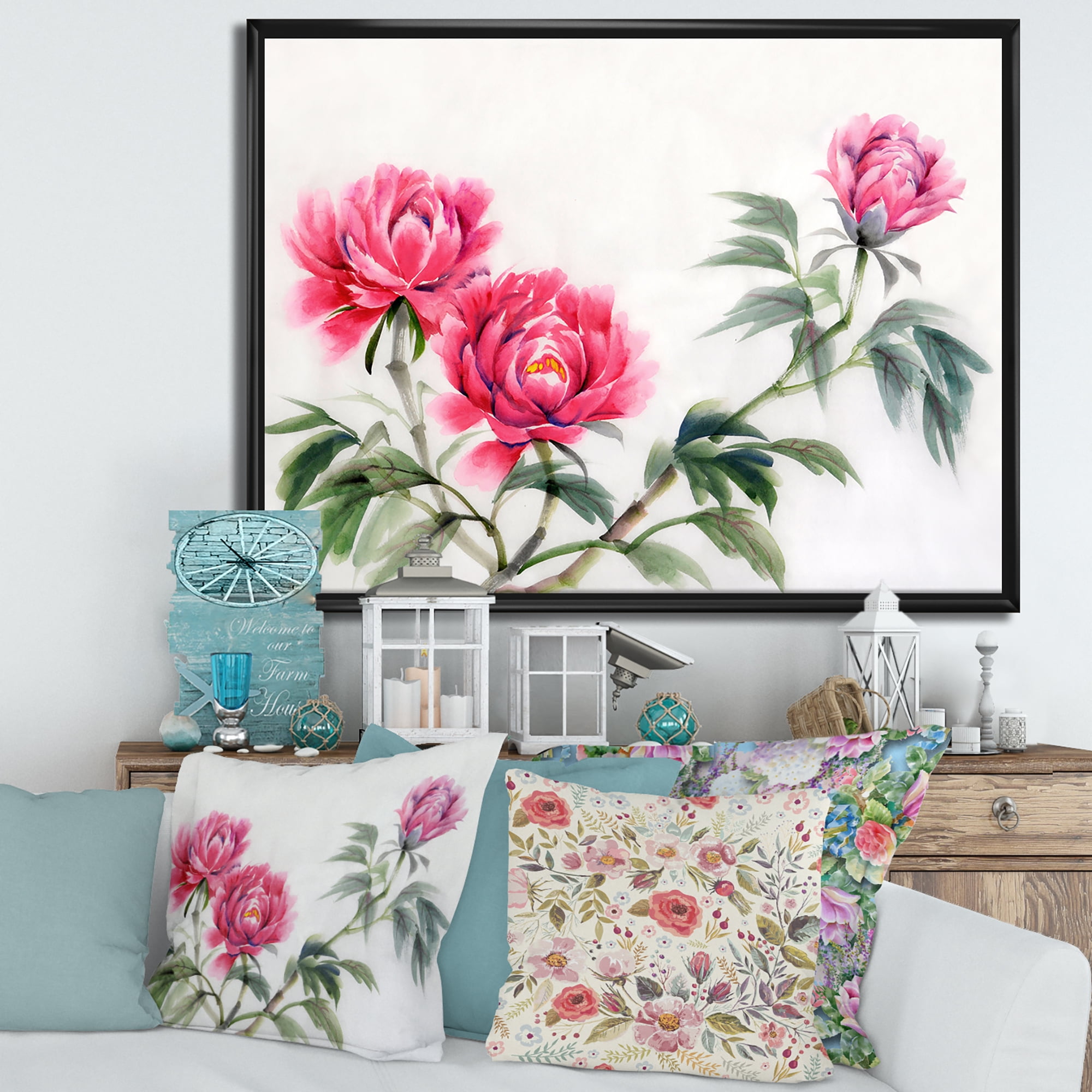 Designart 'Three Vintage Red Peonies Flowers' Traditional Framed Canvas Wall Art Print