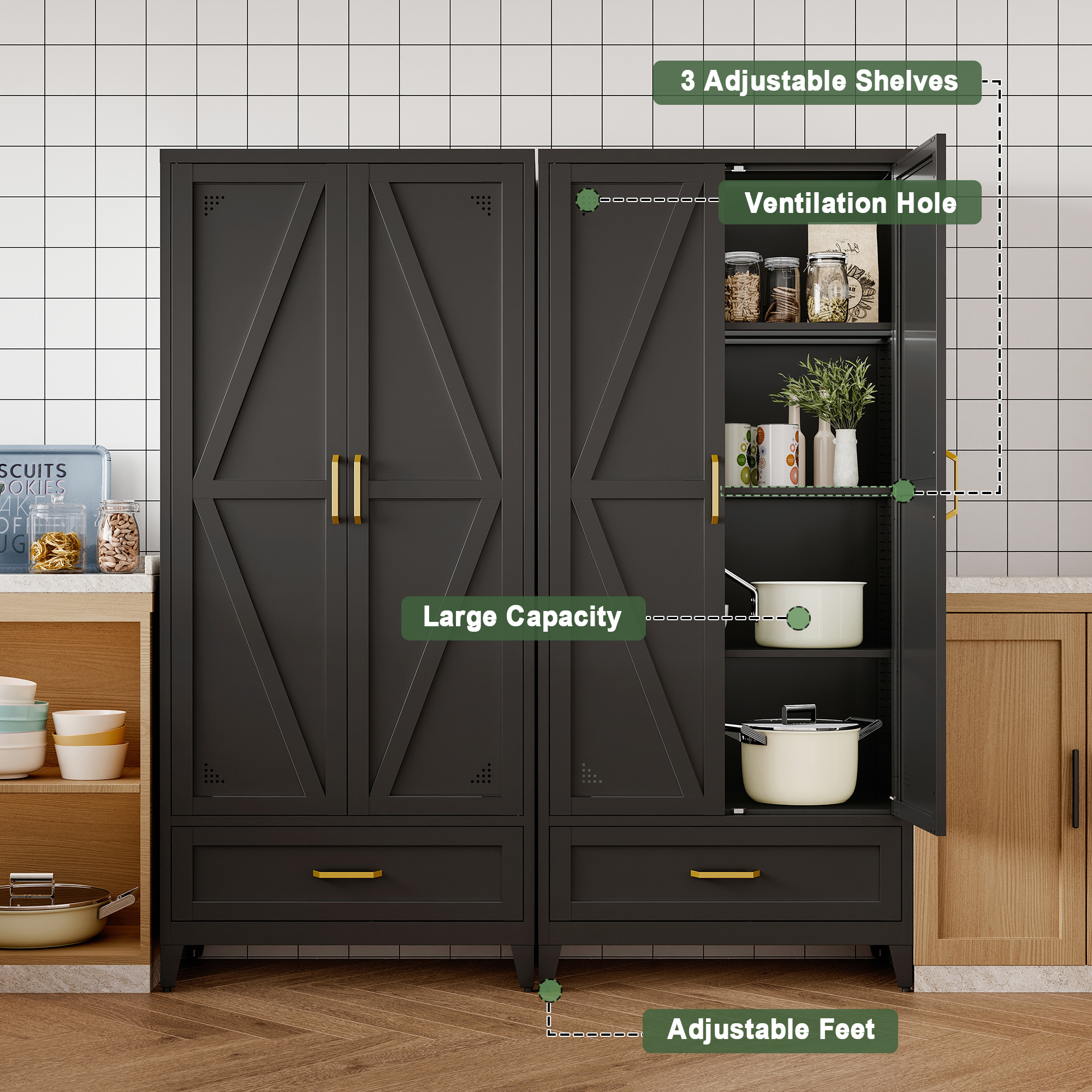 CXUZCZ 71" Tall Metal Storage Cabinets,Kitchen Pantry Cabinet with 3 Adjustable Shelves and 1 Drawer,Freestanding Cupboard for Kicthen,Dining Room,Living,Hallway,Black