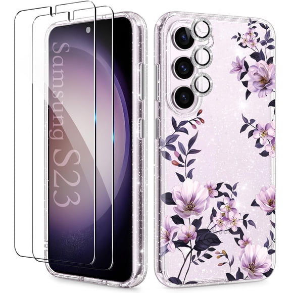 Funda KIOMY para Samsung Galaxy S23, 6.1 pulgadas, flores moradas con purpurina
