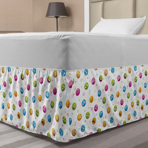 Emoji Bed Skirt, Round Faces in Different Colors with Various Expressions Crying in Love Bored Cool, Elastic Bedskirt Dust Ruffle Wrap Around for Bedding Decor, 4 Sizes, Multicolor, by Ambesonne