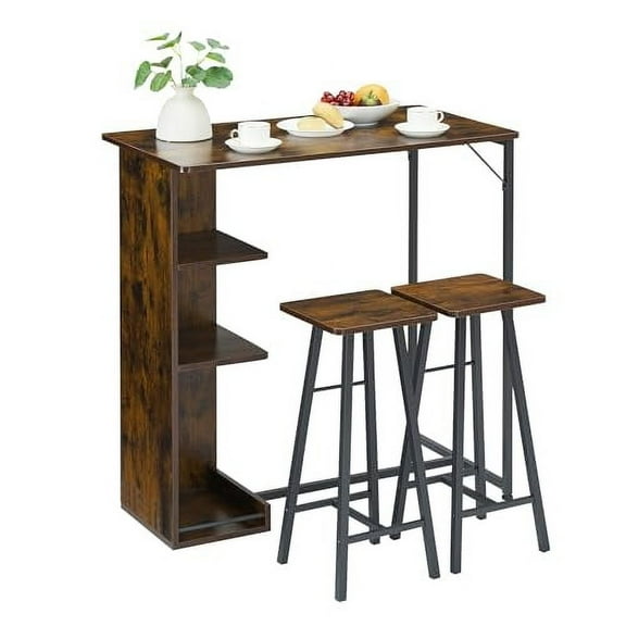 Dining Table Set, Bar Table and Chairs Set, 3-Piece Bar Table Set with Storage Drawer & Shelf, Steel Frame, Industrial, Rustic Brown, Space Saving Table for Small Apartment
