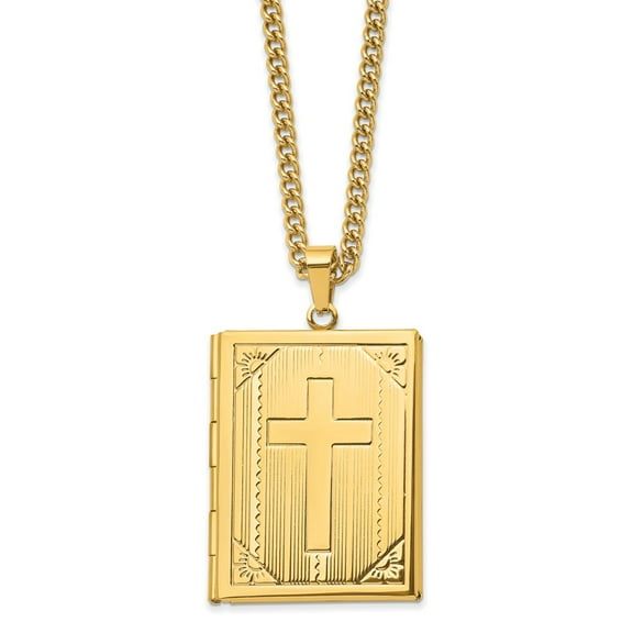 Primal Steel Stainless Steel Polished Yellow IP-plated Cross Bible Locket 24-inch Necklace