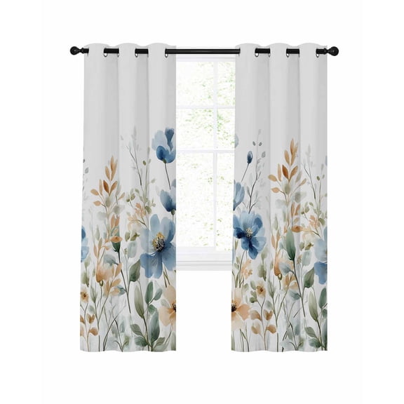 Blue Spring Floral Blackout Curtains 72 Inches Long for Bedroom, Watercolor Blooming Summer Botanical Thermal Insulated Room Darkening Black Out Window Curtain Panels Grommet Drapes for Living Room