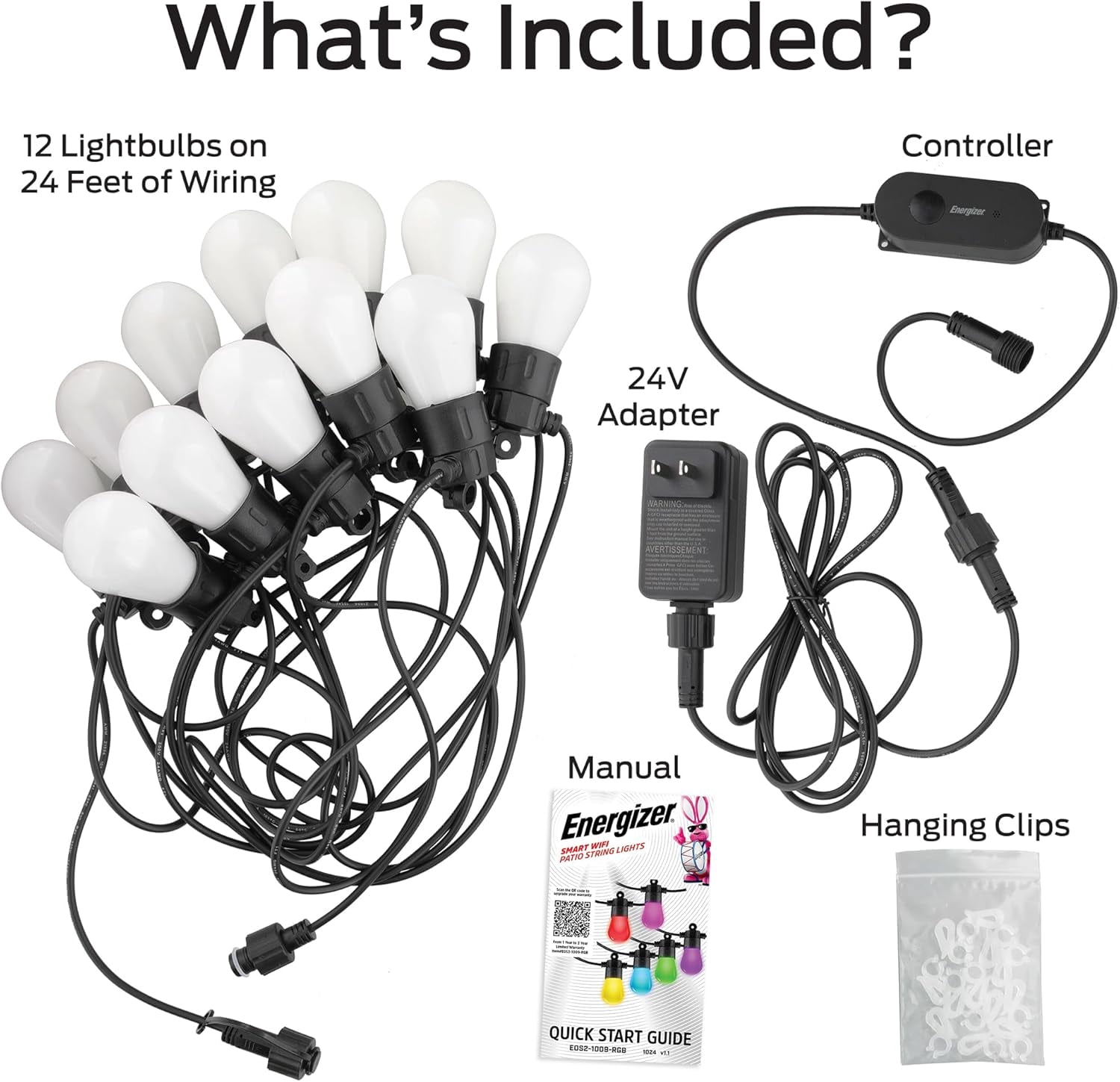 Energizer Smart Patio Lights, Sound Reactive RGBW+IC Outdoor String Lights w/ LED Light Bulbs, 24 ft