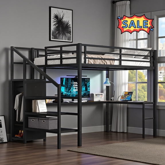 Tcbosik Full Size Loft Bed with Charging Station and LED Light, L-Shaped Desk, Storage Wardrobe and Adjustable Shelf, Metal Bed Frame with Stair and Guardrail, Space Saving, Black