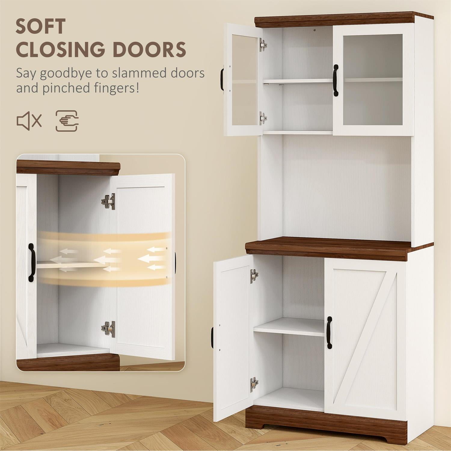 Demi Bonn 70" Farmhouse Pantry Cabinet with Glass Doors and Adjustable Shelves, Kitchen Storage Hutch, Open Countertop for Microwave, White