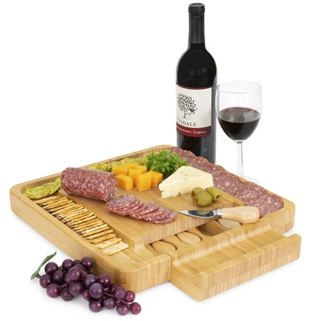 - Best Choice Products Kitchen Natural Bamboo Charcuterie Platter Cheese Board Set for Cutting, Chopping, Serving w/ 4-Piece Stainless Steel Cutlery, Hidden Drawer - Perfect Gift Idea