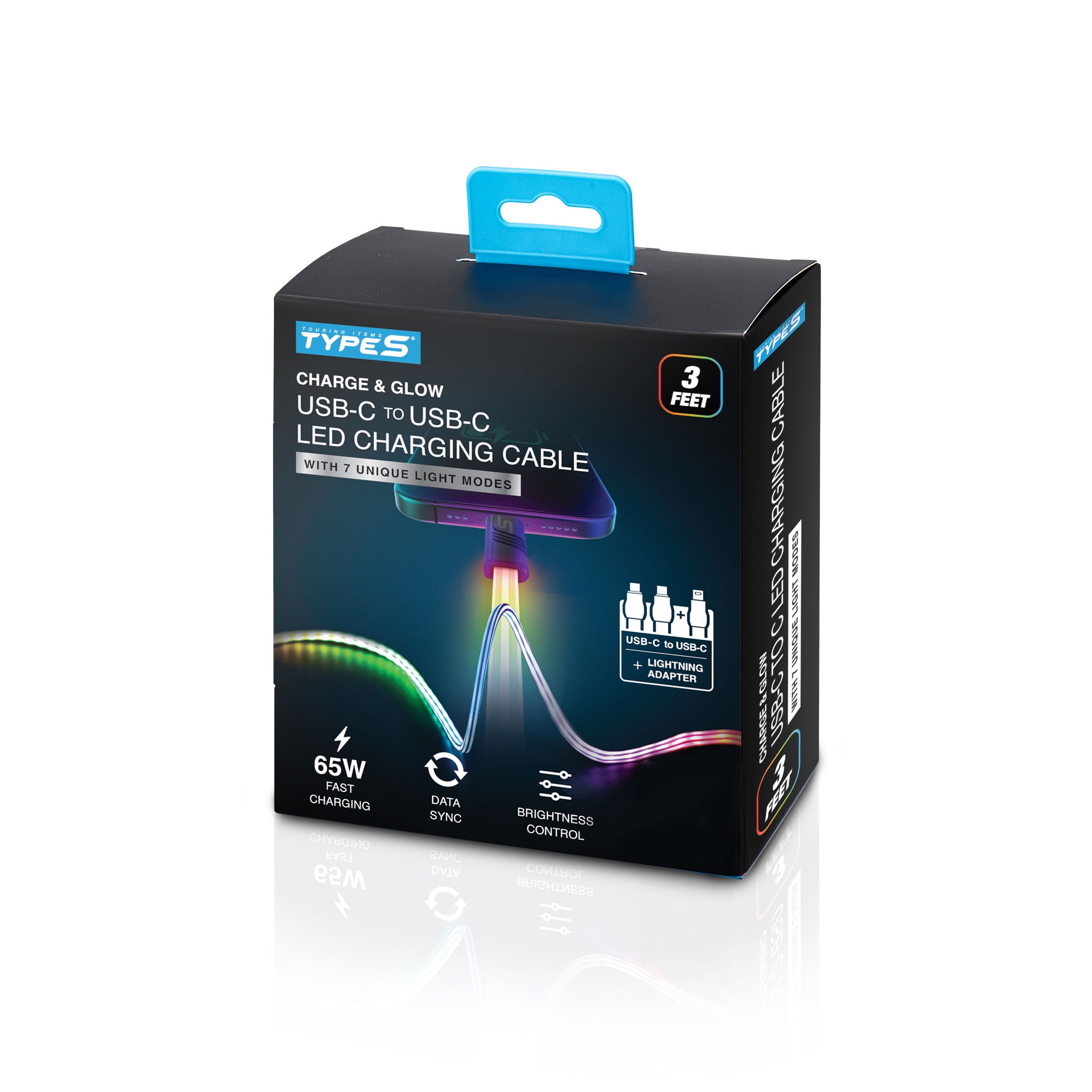 TYPE S Charge & Glow LED Charging Cable, USB-C to USB-C with Lightning Adapter, 3 FT, 10+ Light Modes with Touch Button Control, AC535225