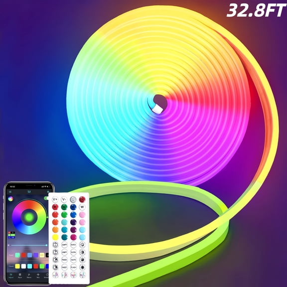 32.8FT RGB LED Neon Rope Light, 24V Music Sync Light Strip with APP and Remote Control, DIY Gaming Lights for Bedroom, Indoor and Outdoor Decor