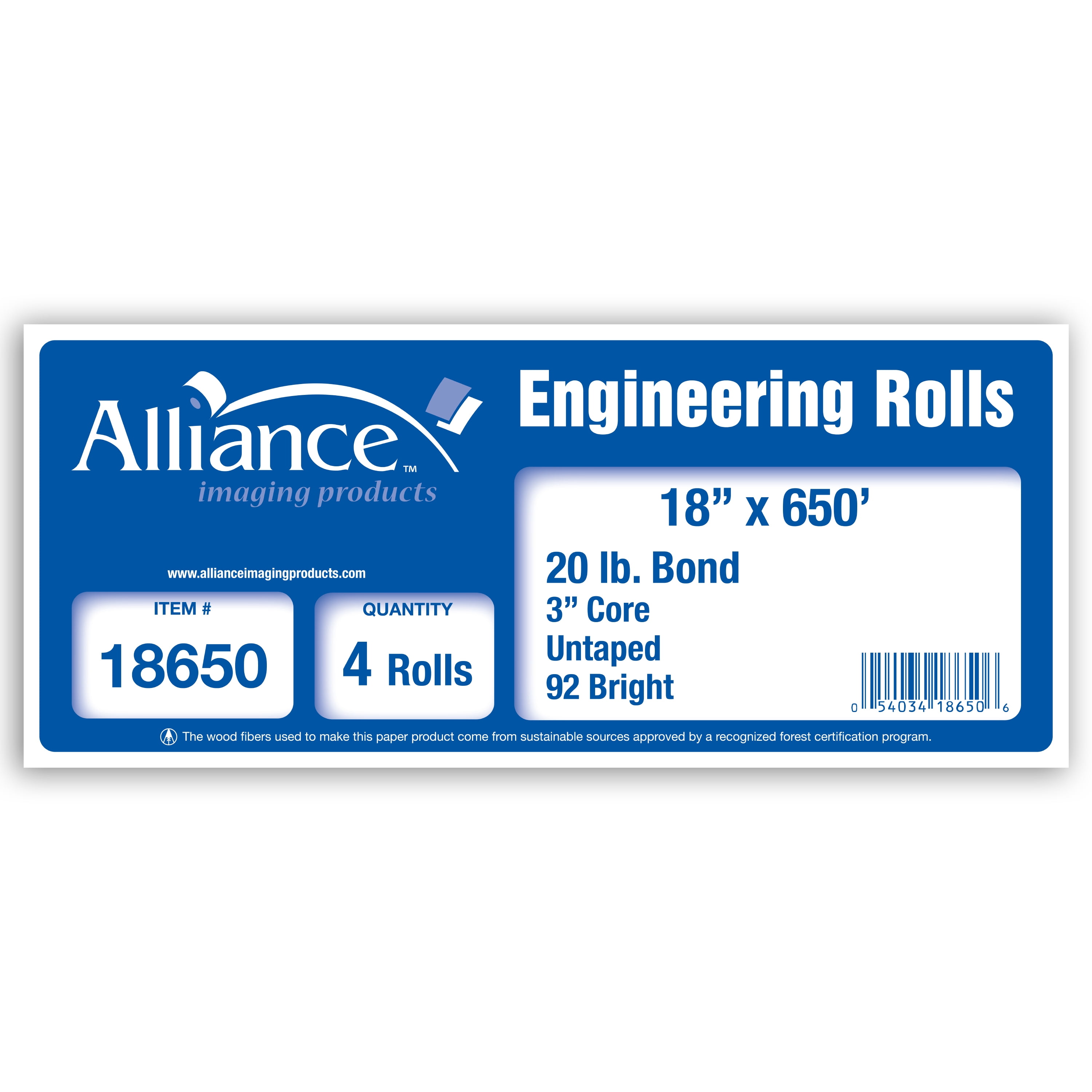 Alliance Wide Format Paper 18" x 650' Bond Engineering 20lb | 92 Bright | 4 Rolls | 3" Core