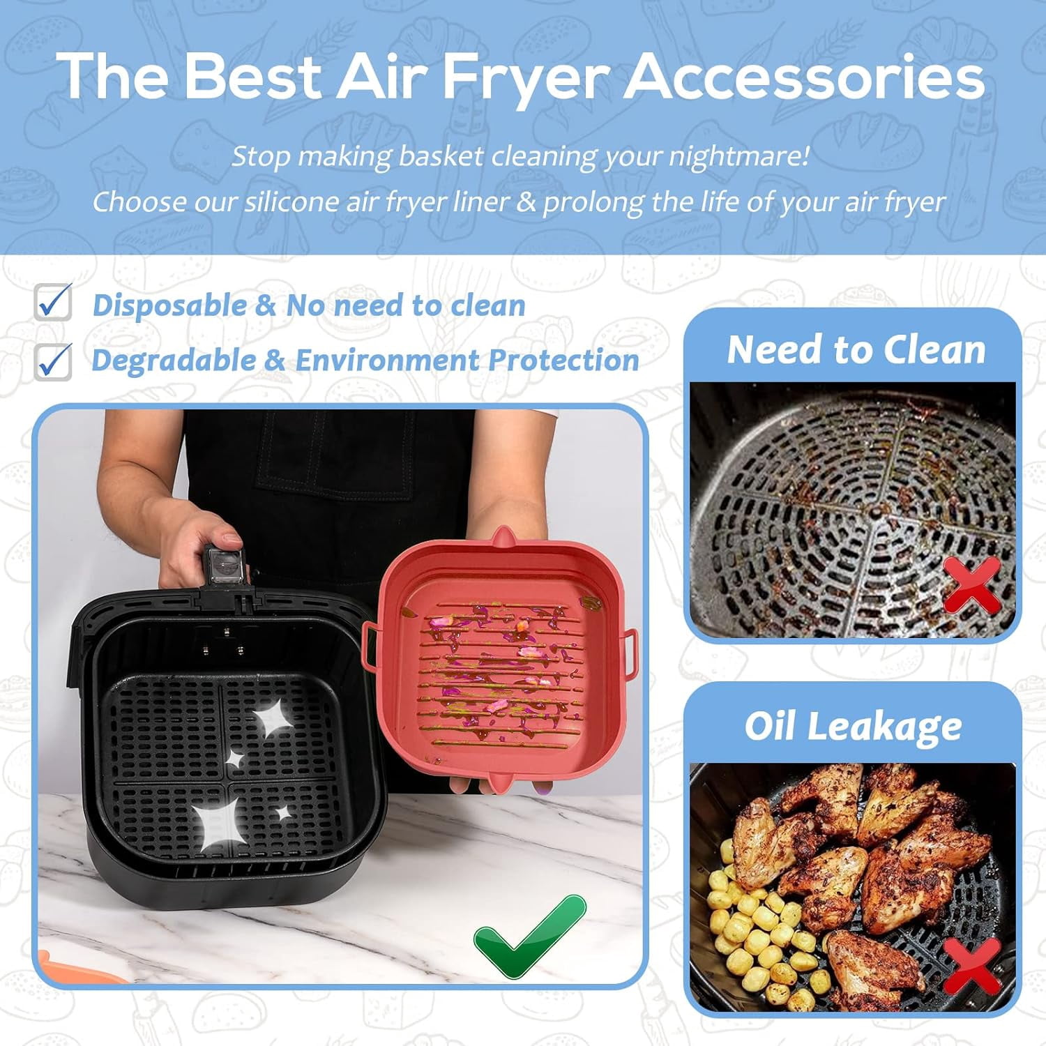 JJEAN-Silicone Air Fryer Liners Square - Reusable Airfryer Collapsible Basket - Easy to Clean Air Fryers Pot for 5.8 to 8 Qt Baking Tray Oven Accessories, 8.5 Inch Large