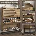 thumbnail image 2 of Slim Wooden Farmhouse Shoe Storage Cabinet Organizer with 2 Flip Drawers and Open Storage, Natural, 2 of 12