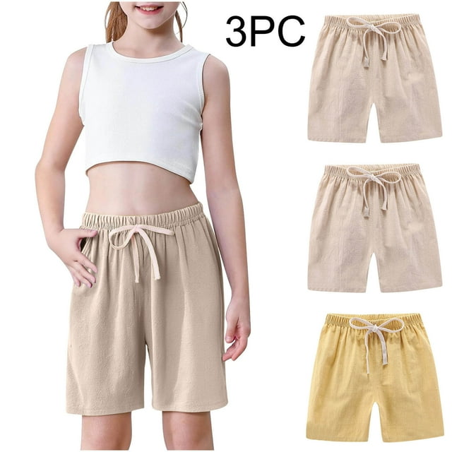 Odeerbi 2-10 Años Niños Niñas 3 Pcs Verano Algodón Lino Pantalones Cortos Entrenamiento Deportivos Cortos Lindo Color Sólido Pantalones Cortos Suaves Respirables