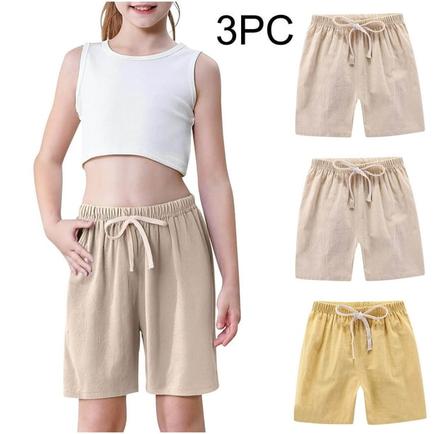 Odeerbi 2-10 Años Niños Niñas 3 Pcs Verano Algodón Lino Pantalones Cortos Entrenamiento Deportivos Cortos Lindo Color Sólido Pantalones Cortos Suaves Respirables