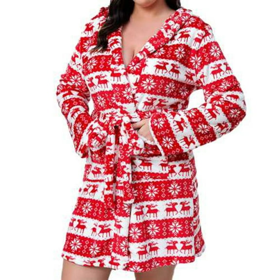 TEAJOPSUU Plush Bathrobes for Women Vintage Printed Winter Robes Fleece Warm Plus Size Flannel Christmas Deer Nightgown Red