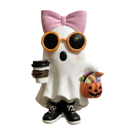 WUJGXI Ghost Statue Resin Ornament Halloween Home Party Decoration, Girl Figurine with Pink Bow Sunglasses Coffee Cup Pumpkin Candy Bucket, White, 15 cm