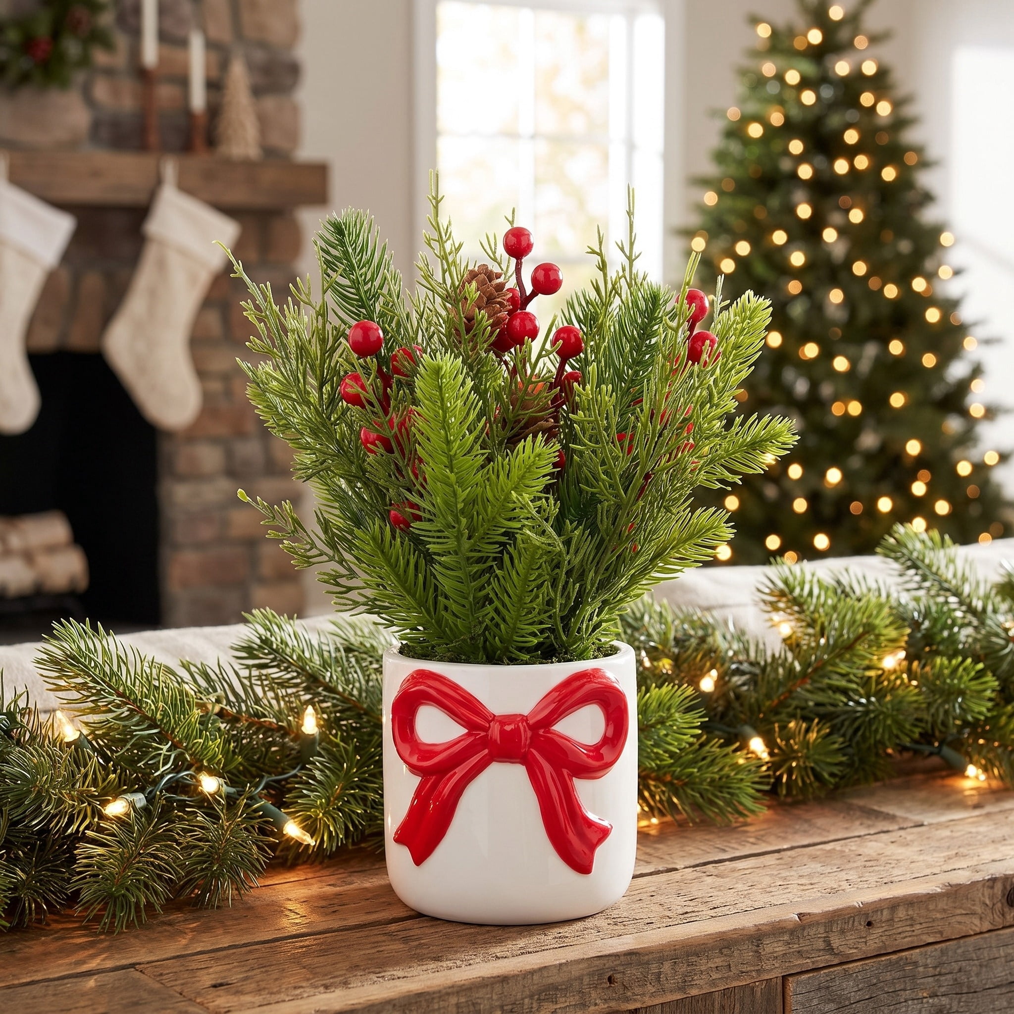 Greenery and Berries Christmas Arrangement in Ceramic Pot, Green/Red/White, 12", by Holiday Time