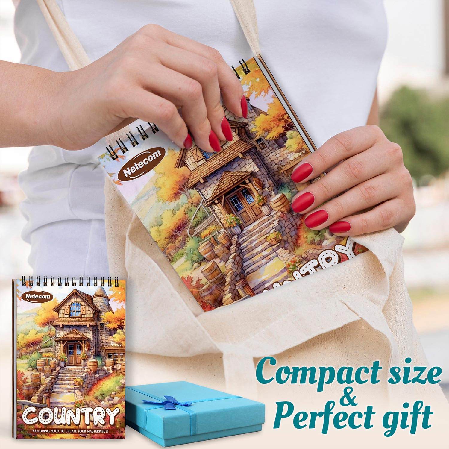 Netecom Country Coloring Book Spiral Bound for Adults, A5 Wooden Cover, 30 Rustic Coloring Pages of Beautiful Country for Stress Relief and Relaxation