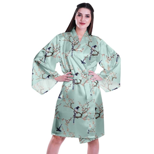 Moomaya Printed Womens Kimono Sleeve Robes Satin Silk Getting Ready Bridal Robe Coverup