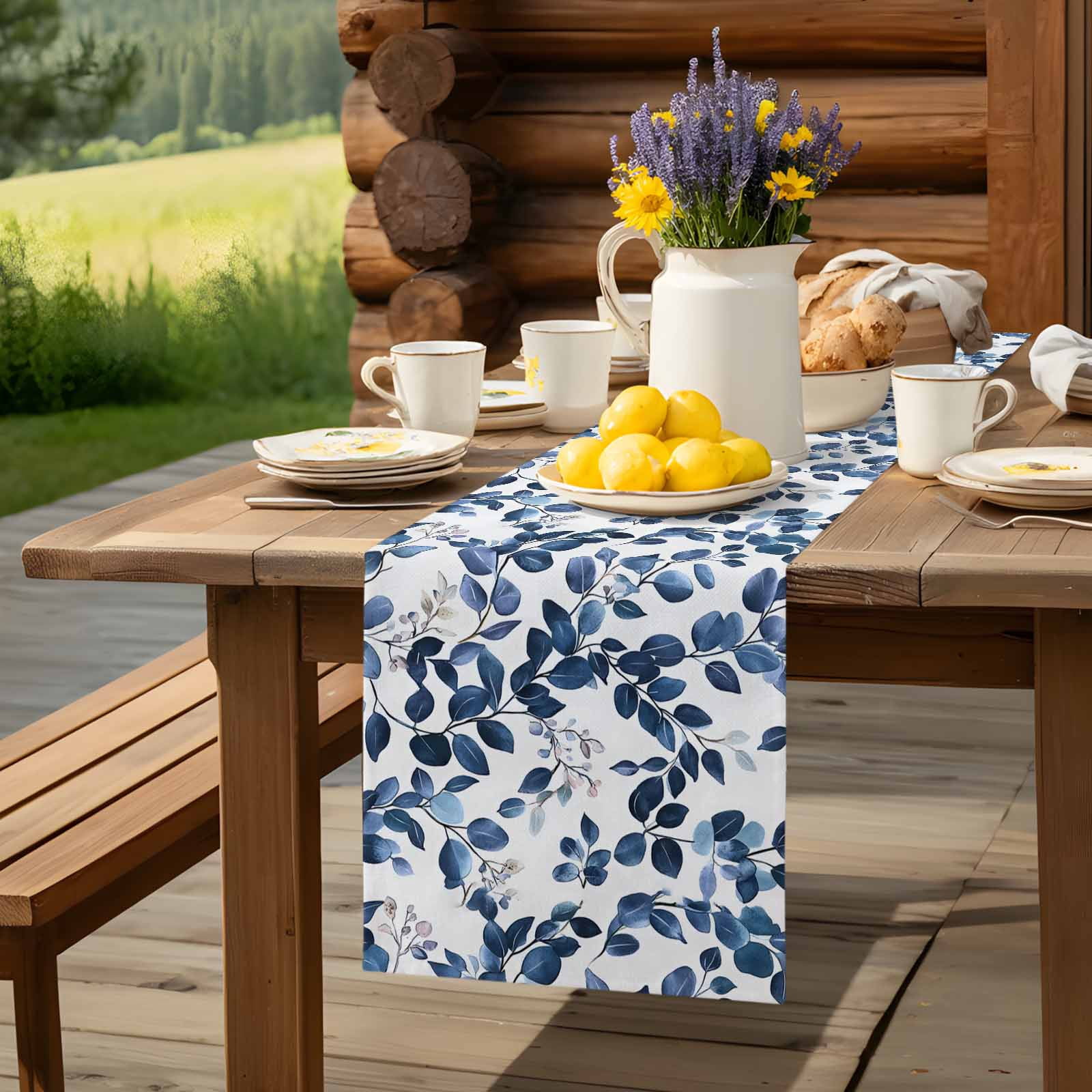 Pastoral Eucalyptus Leaves Table Runner 90 Inches Long, Navy Blue Botanical On White Table Runners Tabletop Scarf Kitchen Dining Tables Decoration for Home Party Indoor Outdoor