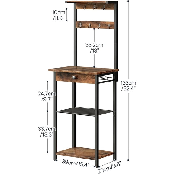 Coffee  Station, 4-Tier Coffee Stand with K Cup Pod Holder and Hooks, Small Coffee  Cabinet for Space Saving, Bakers Rack for Kitchen, Living Room, Rustic Brown and Black BF48HB01