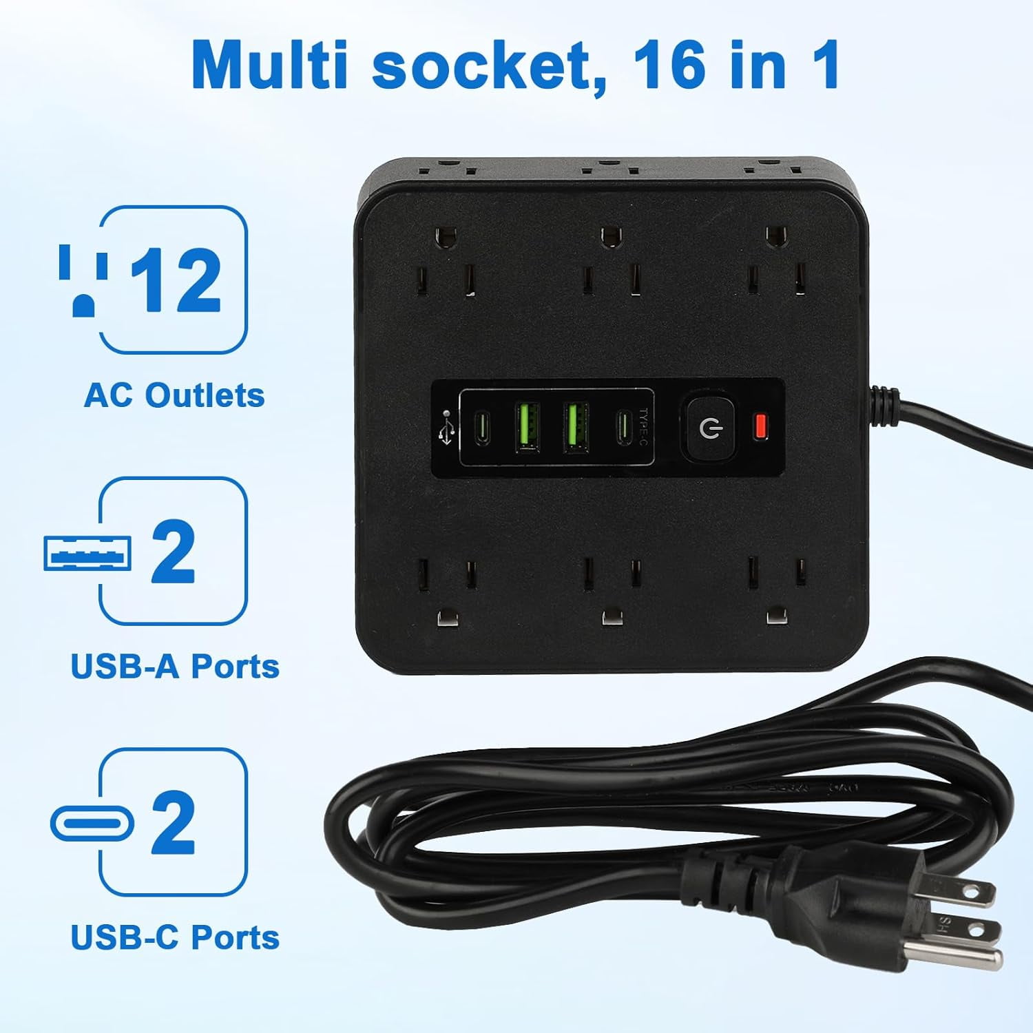 16-in-1 Power Strip with Switch & Surge Protection, 6.5FT Flat Plug Power Strip Surge Protector with 12 Outlets 2 USB & 2 Type-C Ports for Home Office