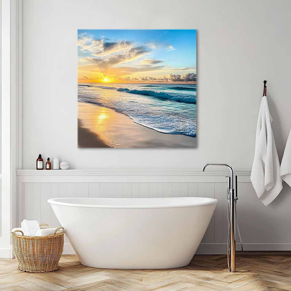 Ocean Sunrise Sunset Canvas Wall Art, Beach Waves Sea Scenery Framed Wall Decor Modern Artwork Prints Painting for Living Room, Bedroom, Kitchen & Cafe Decor 12x12 Inch