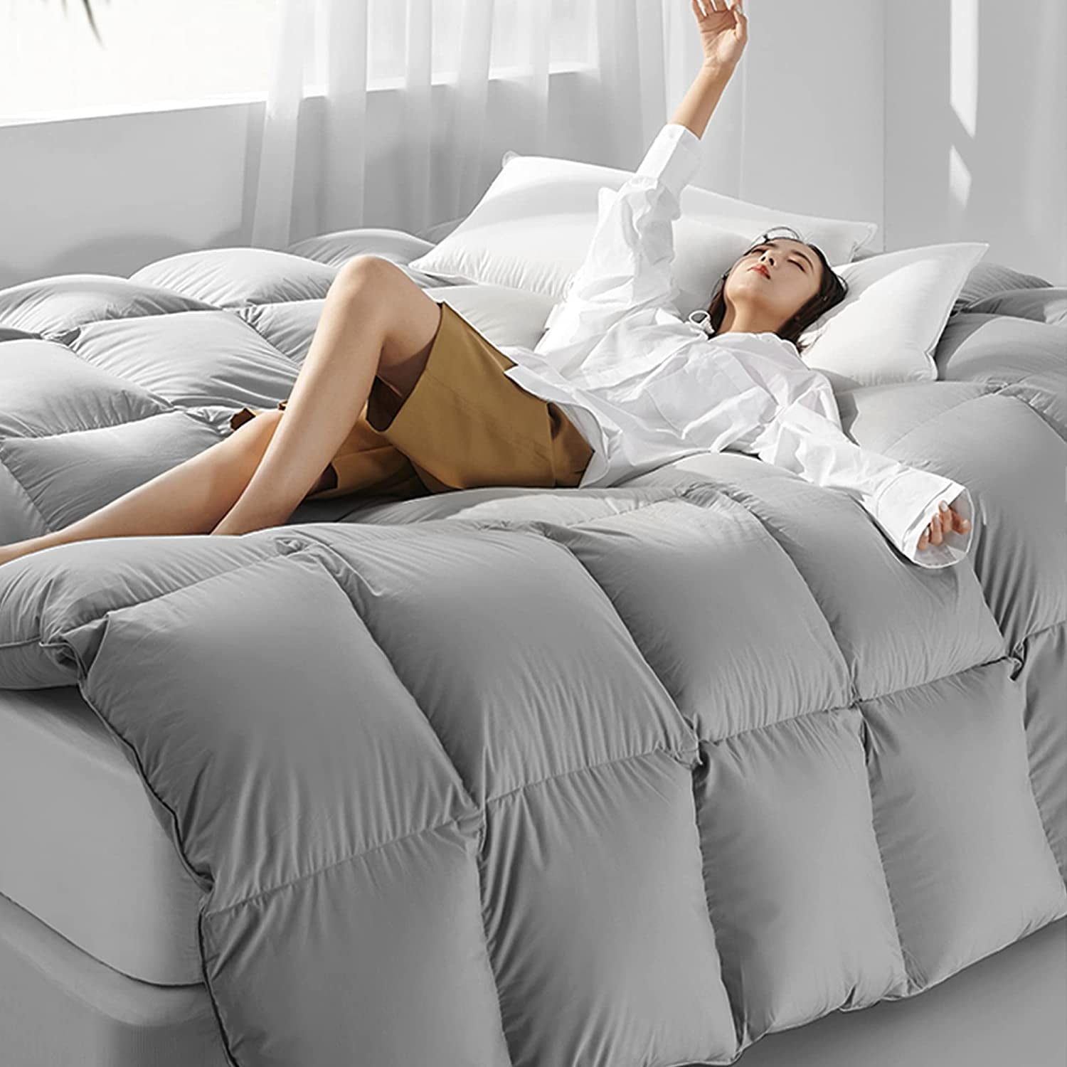 DOMDEC Goose Down Quilted Comforter with Corner Tabs, 100% Cotton Shell Duvet Insert, 450 Fill Power - All Season Grey, Queen Size 90x90 Inches
