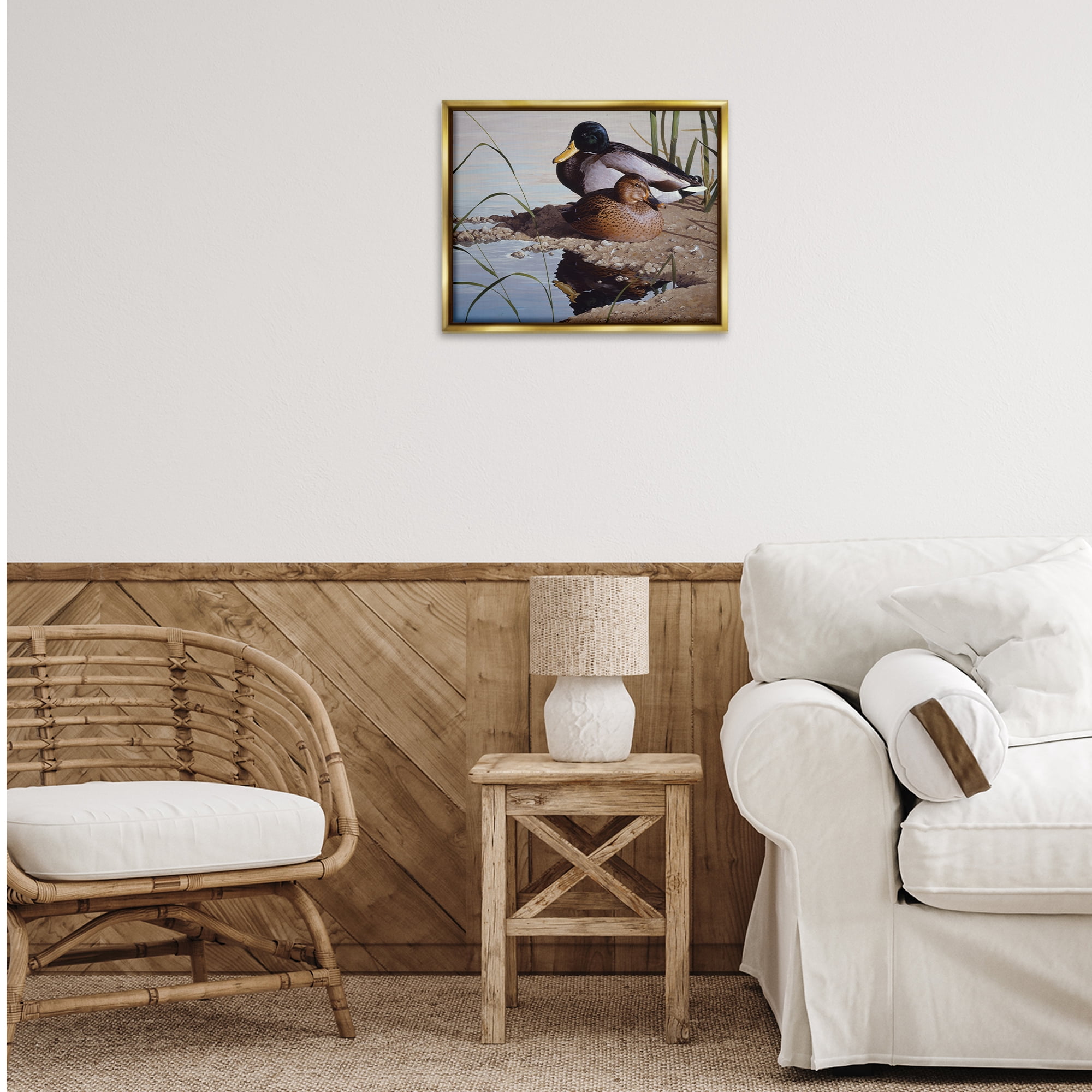 Stupell Industries Two Ducks Water's Edge Animals Painting Gold Floater Framed Canvas Art Print Wall Art, 21 x 17