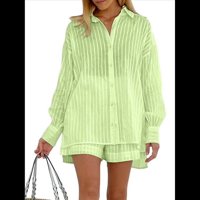 Conjuntos de 2 Piezas: Camisa Abotonada, Top y Pantalones Cortos, Conjuntos Casuales para Estar en Casa Verde S