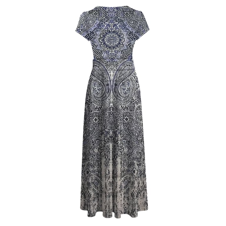 are a line dresses in style 2024 Wycnly for Women Evening Party Vintage Western Graphics Empire Waist Pleated Swing Maxi Dresses Ethnic Print Short Sleeve Crewneck Long Formal Dresses for Women Sky Blue XL Colour:Olive Green