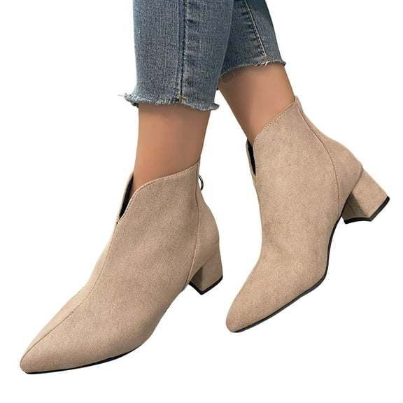 Womens Ankle Boots Suede V Cut Chunky Block Heel Chelsea Booties Back Zipper Pointed Toe Dressy Fall Boots
