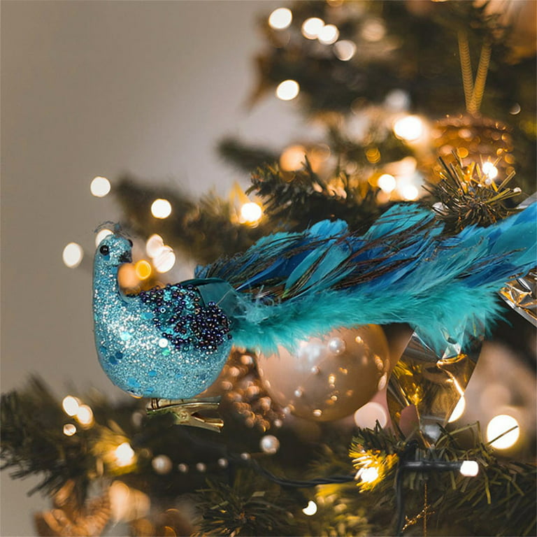 Mubineo 1pc Faux Peacock Ornaments Glitter Blue Peacock Ornaments  Artificial Peacock Decor with Feather Tail for Christmas Tree