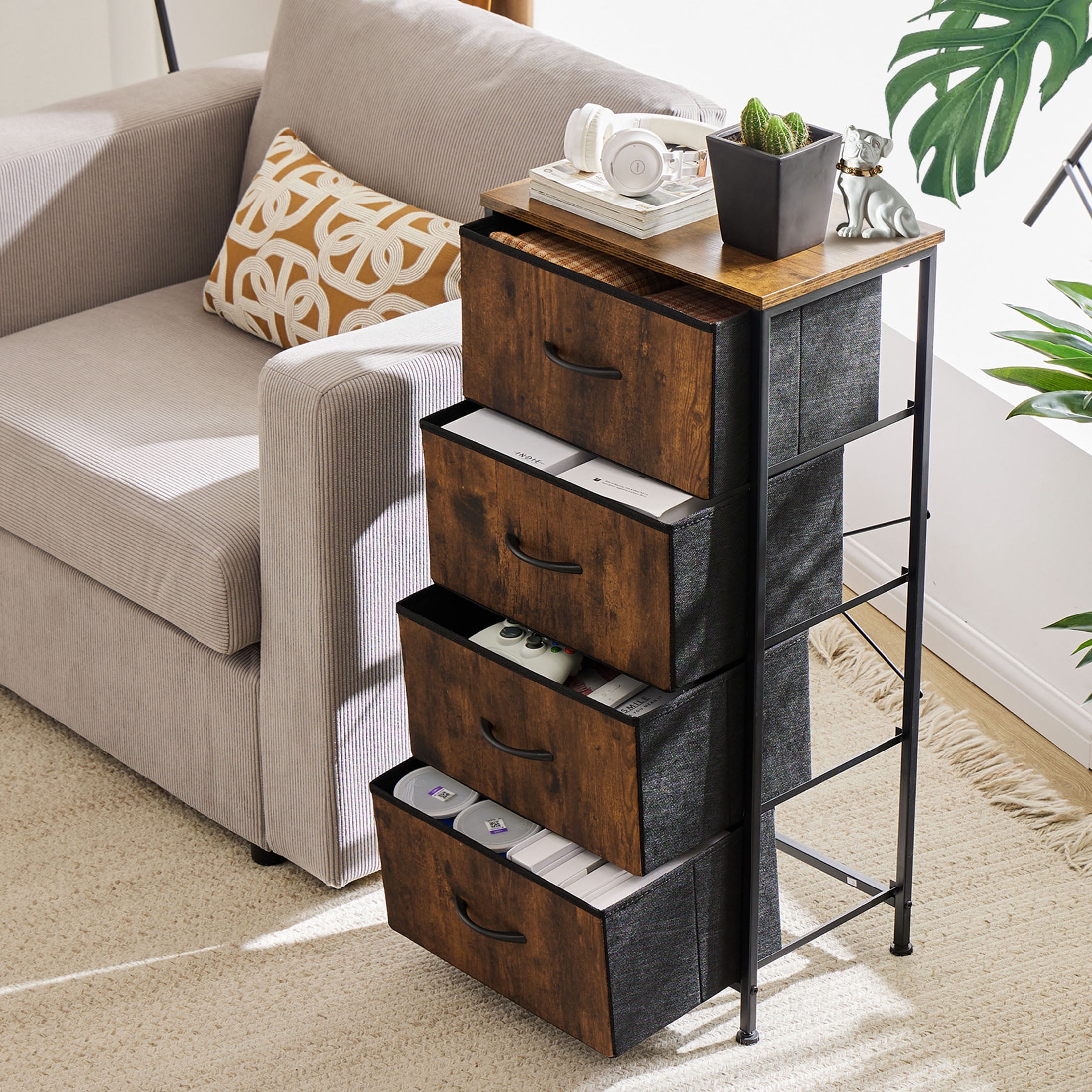 JOINSUN 4 Drawers Dresser, Storage Organizer Units for Clothing, Closet, Fabric Bins, Wood Top, Steel Frame, Lightweight, Rust