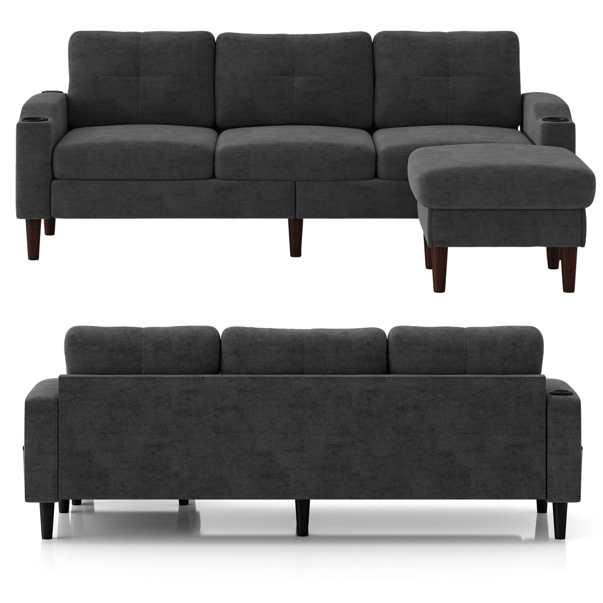 Aukfa L Shaped Sectional Sofa with USB Ports and Cup Holders, 78" 3 Seater Couch with Storage Ottoman, Dark Gray