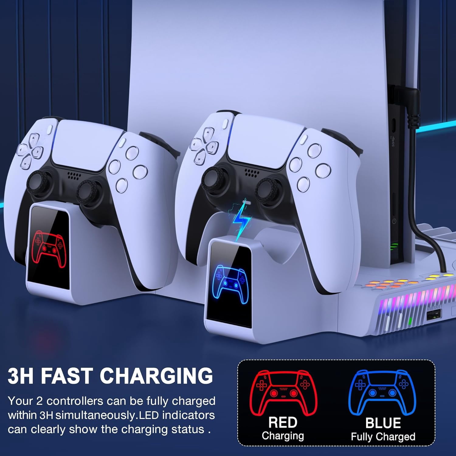 GAEKOL PS5 Slim Cooling Station with Dual Controller Charging RGB PS5 Slim Stand Vertical for Playstation 5 Console Digital Disc Edition PS5 Accessories Base with Headset Holder 14 Game Slots