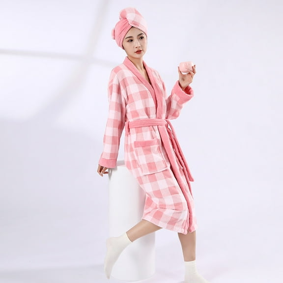 Voncos Women's Bathrobe Set with Shower Cap, Warm Plush Kimono Collar Cozy Quick-Drying Plaid Robes with Pockets & Belt Pink S-M