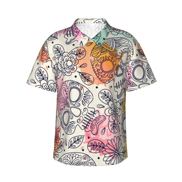 Fotbe Skull and Flowers Camisa Hawaiana para Hombre Unisex – Camisa Casual de Verano con Botones de Manga Corta de Algodón y Lino,Medium