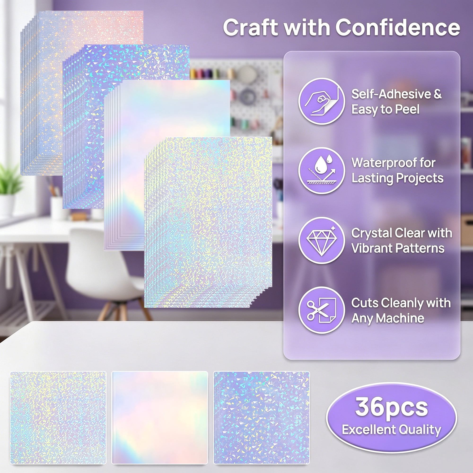 36 Pcs Holographic Laminate Sheets, Holographic Sticker Paper A4, 4 Patterns Star Dot Glass Crushed Clear