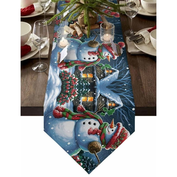 Table Runner Dresser Scarves Christmas Snowman and Cardinal Bird Cotton Linen Burlap Table Cover Farm House with Poinsettia Table Runners for Family Kitchen Dining Holiday Party Banquet Decor