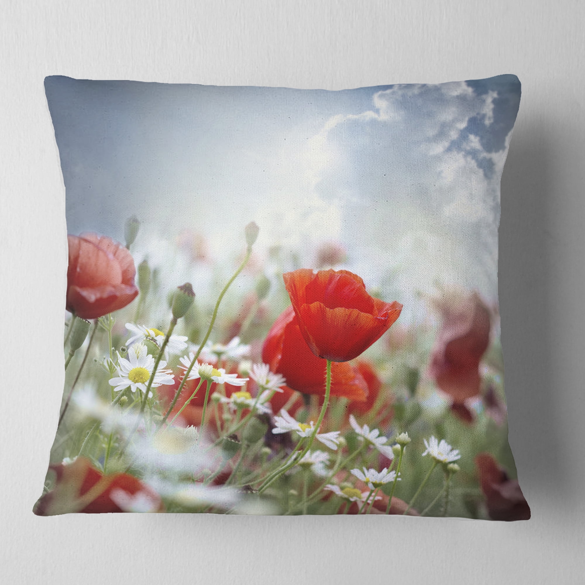 Designart Red Poppies on Cloudy Background - Floral Throw Pillow - 16x16
