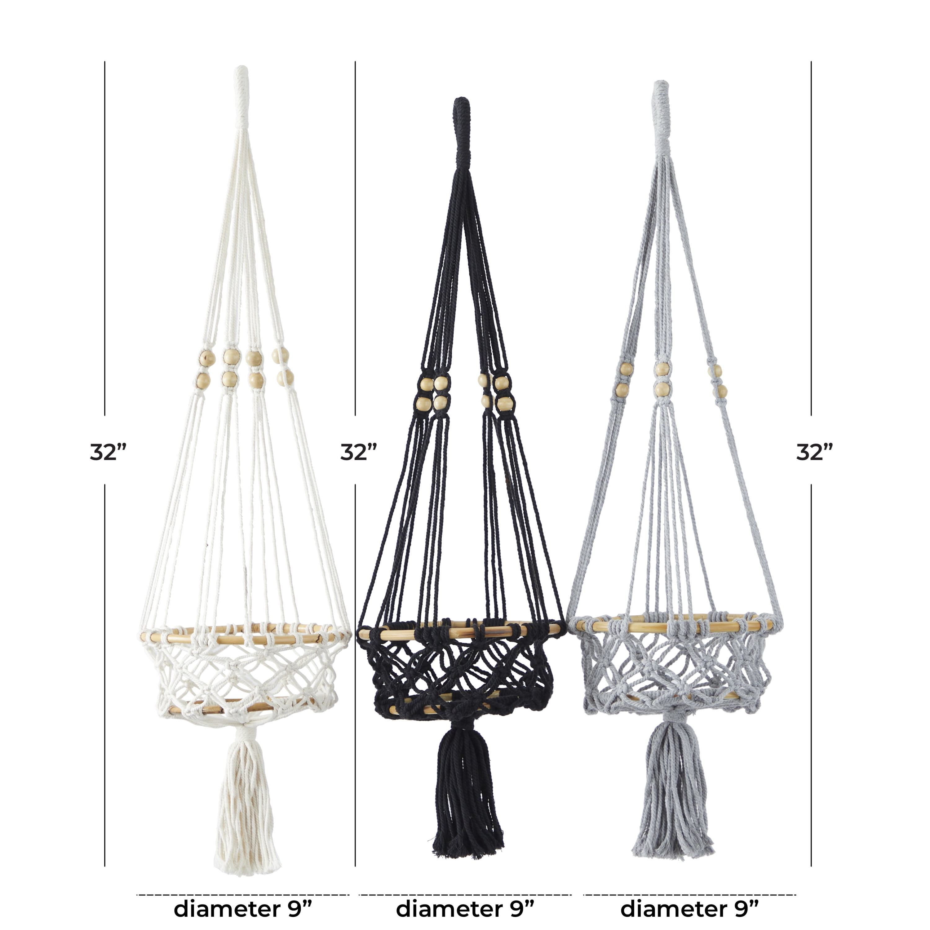 DecMode 9"W, 32"H Round Multi Colored Cotton Handmade Hanging Macrame Wall Planter (3 Count)