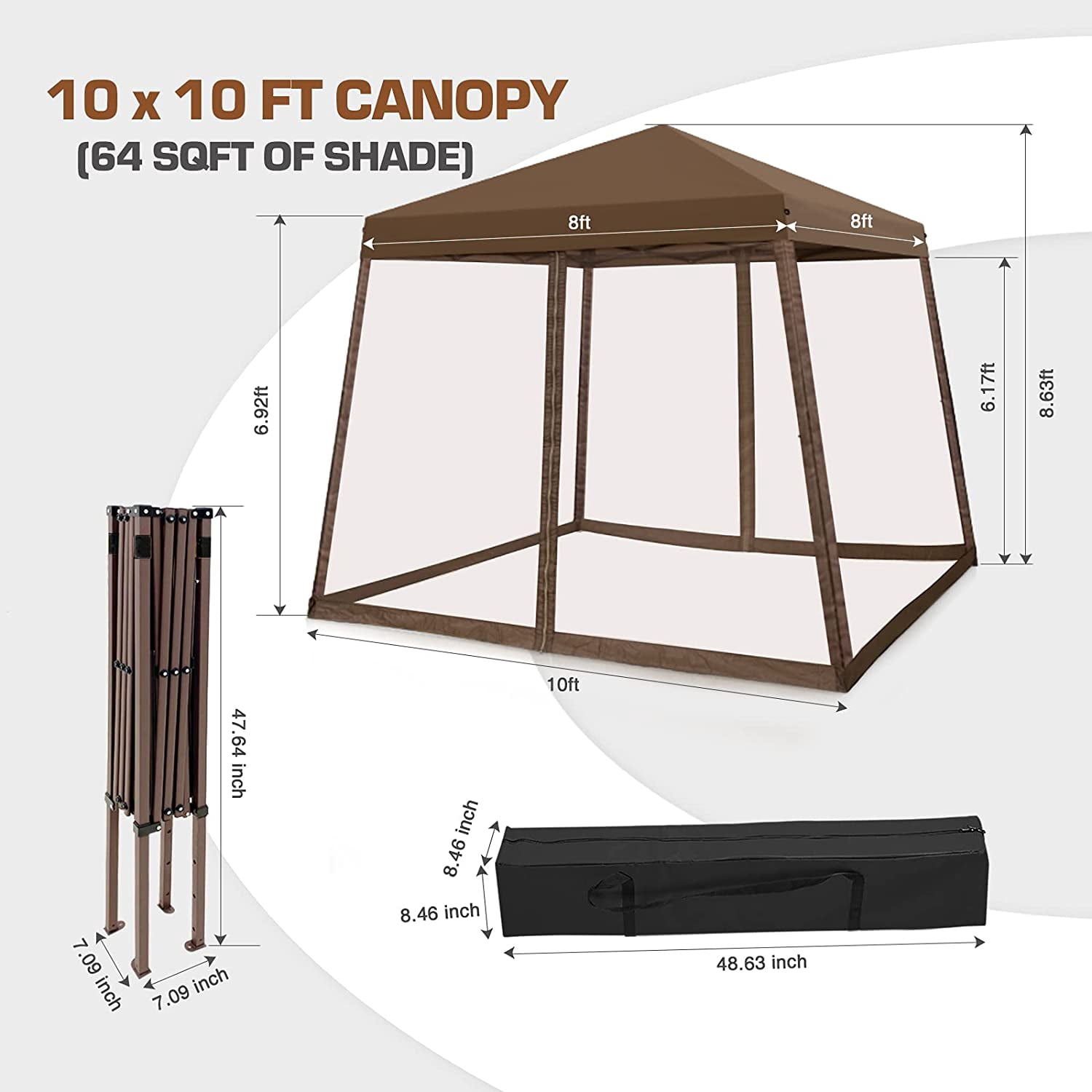EAGLE PEAK 10x10ft Slant Leg Easy Setup Pop Up Canopy Tent with Mosquito Netting 64 sqft of Shade, Brown